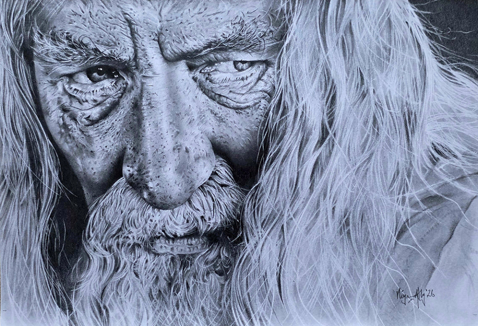 Hand drawn portrait of Gandalf (screengrab fanart), using Derwent Medium Graphite Pencils.<br />Size: A3<br />Primarily: 6B, 3B, 2H, 4H