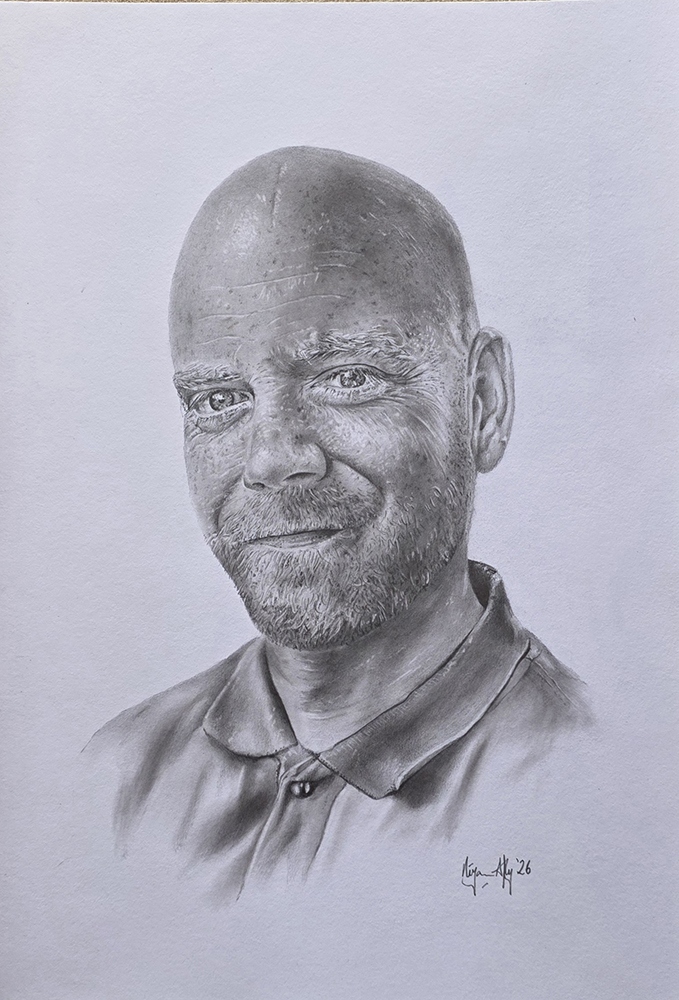 Portrait of Bjørnar H. Bratli.Size A3Graphite pencil 2HI started this portrait with graphite powder, but avoiding the burnish effect by being gentle.The pencil work adds layers and burnishes at the same time.Obviously, 2H is relatively hard, hence pale effect that takes time to build in place.Added regular HB in select areas of the shirt.Equipment sponsored by https://Tudos.noUse discount code artmark10 for 10% discount on orders.