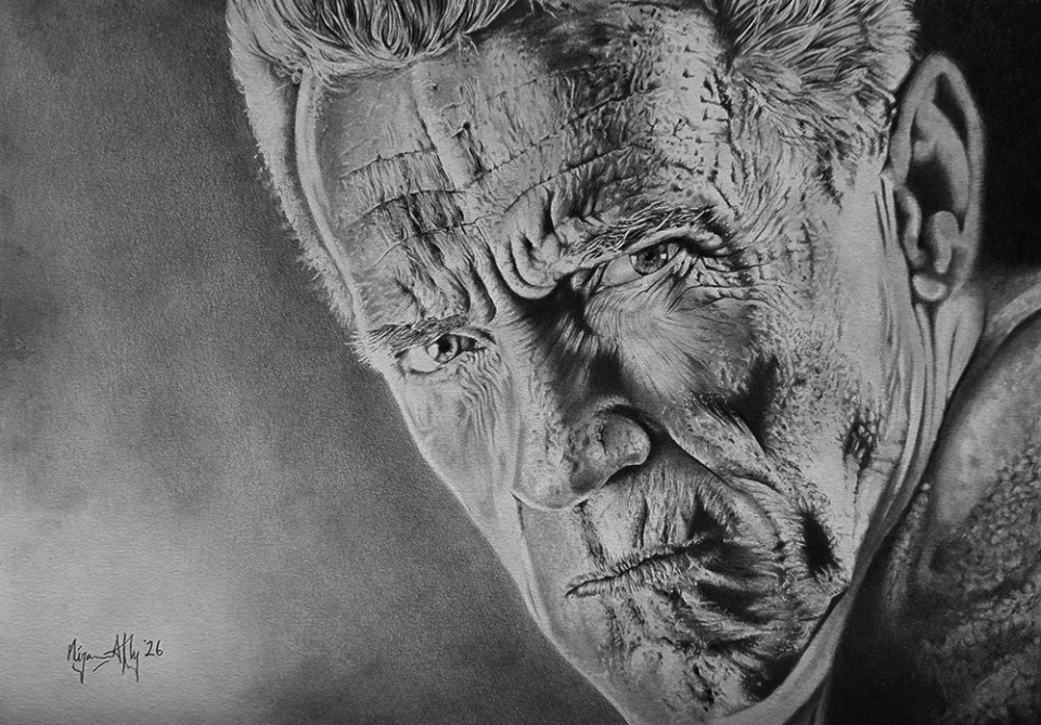 Hand drawn portrait of Arnold Schwarzenegger (screengrab fanart), using Derwent Medium Graphite Pencils.<br />Size: A3<br />Primarily: 6B, 3B, 2H, 4H<br /><br />I use the 4H mostly as a cross blender and/or burnisher.<br />I also tested the 2 mm mech pencils from Stageet, but that was not the way to go, since the lead (graphite) is not ground evenly enough for this kind of use. (Nice mechanics though!)