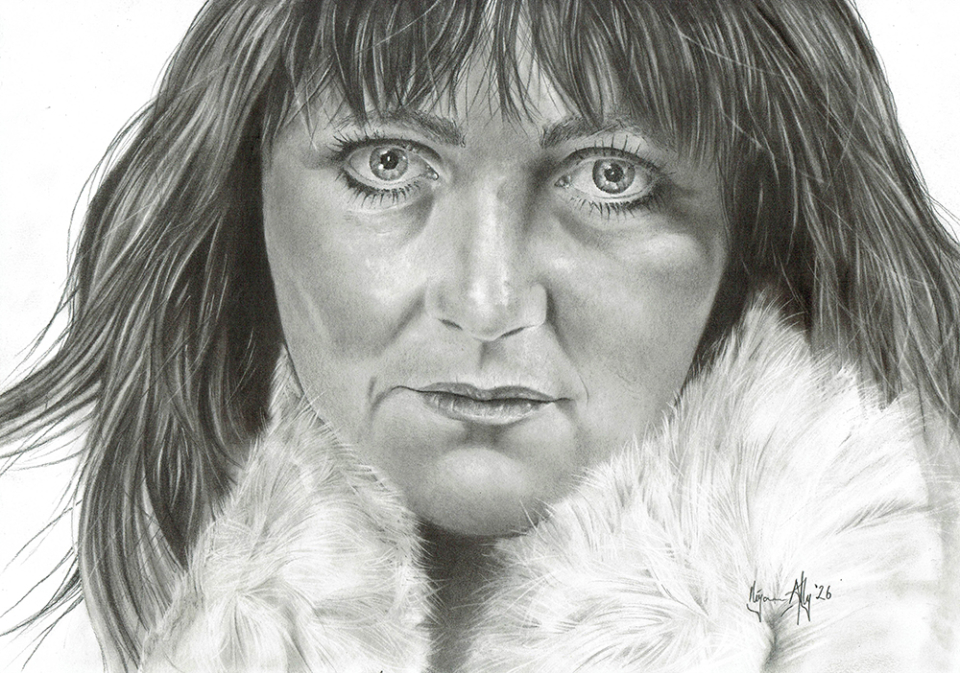 Portrait of Kirsten Ally<br />Size A3<br />Graphite pencil 2H and 4B<br />I started this portrait with graphite powder.<br />The pencil work adds layers and burnishes at the same time.<br />-As long as the work is gentle, I could complement the layers With blenders of varying qualities.<br />The white fur was started with pale graphite powder to start, and then erased in stripes.<br /><br />Equipment sponsored by https://Tudos.no<br />Use discount code artmark10 for 10% discount on orders.