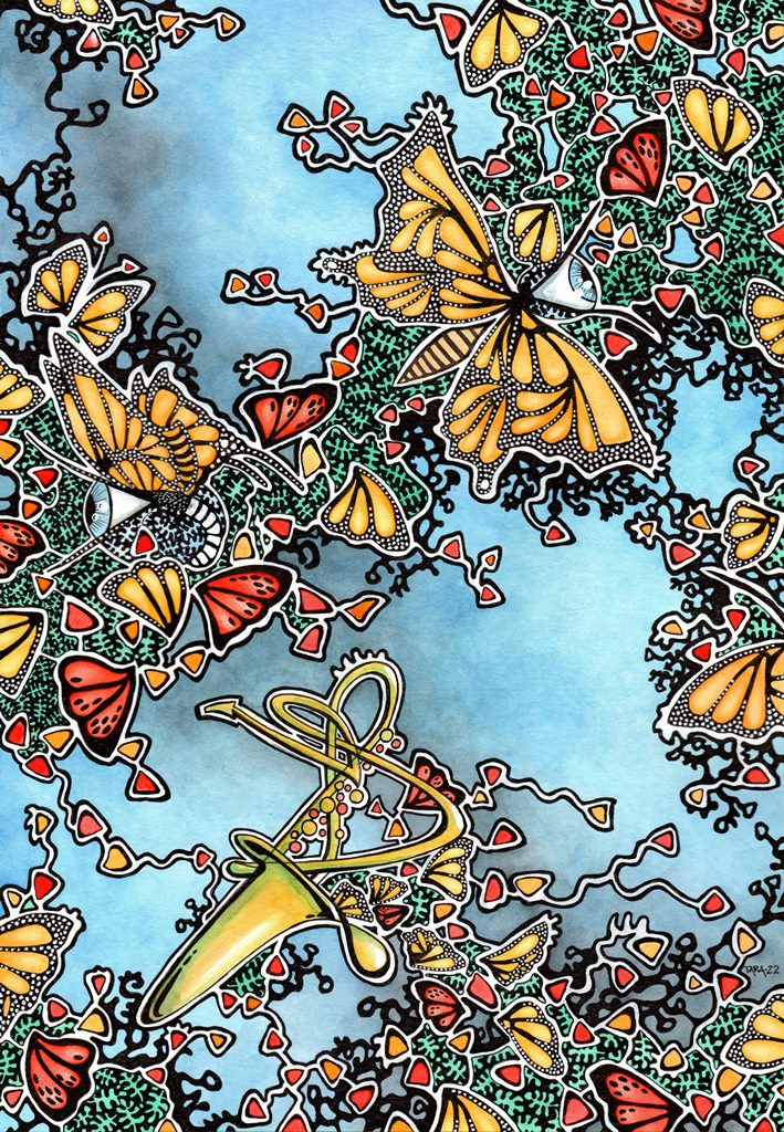 "Butterfly Sonata" <br />Giclee kunsttrykk/52x37cm <br />Tegnet fra kruseduller av Lis-Ann Sylling, Visekonsul på Det Norske Konsulatet i Las Palmas.<br />Se video av hele prosessen på www.taradjume.com