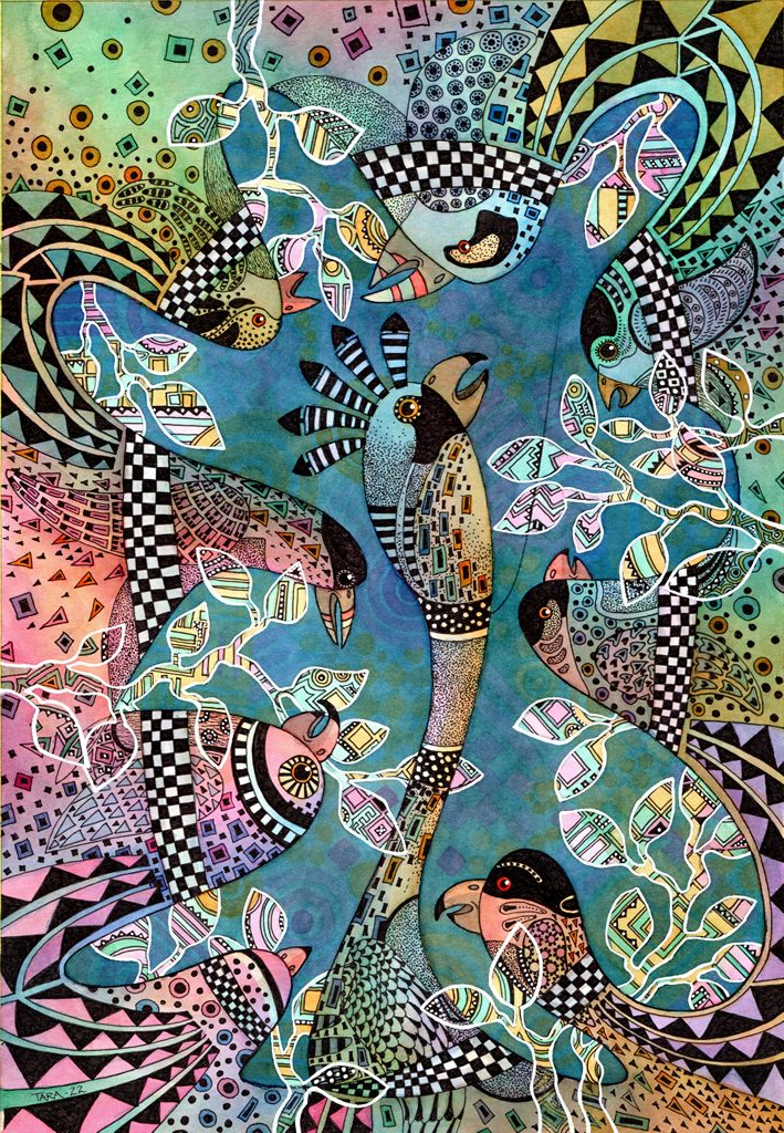 "Fiesta de la Vida"<br />Giclee kunsttrykk/52x37cm<br />Tegnet fra kruseduller av Yaiza Lopez Landi, kulturråd i San Christobal de La Laguna på Tenerife.<br />Se video av hele prosessen på www.taradjume.com