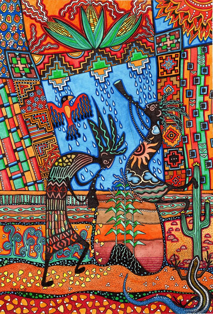 "Kokopelli"<br />Giclee kunsttrykk/52x37cm<br />Tegnet fra kruseduller av Kulturminister Ines Jimenez i Øyregjeringen på Gran Canaria.<br />Se video av hele prosessen på www.taradjume.com