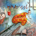 "Trønderskalden og den Hulde Viv" <br />Giclee kunsttrykk/40x40cm<br />Tegnet ut fra kruseduller av musikeren Terje Tysland og kona Unni.<br />Se video av hele prosessen på www.taradjume.com
