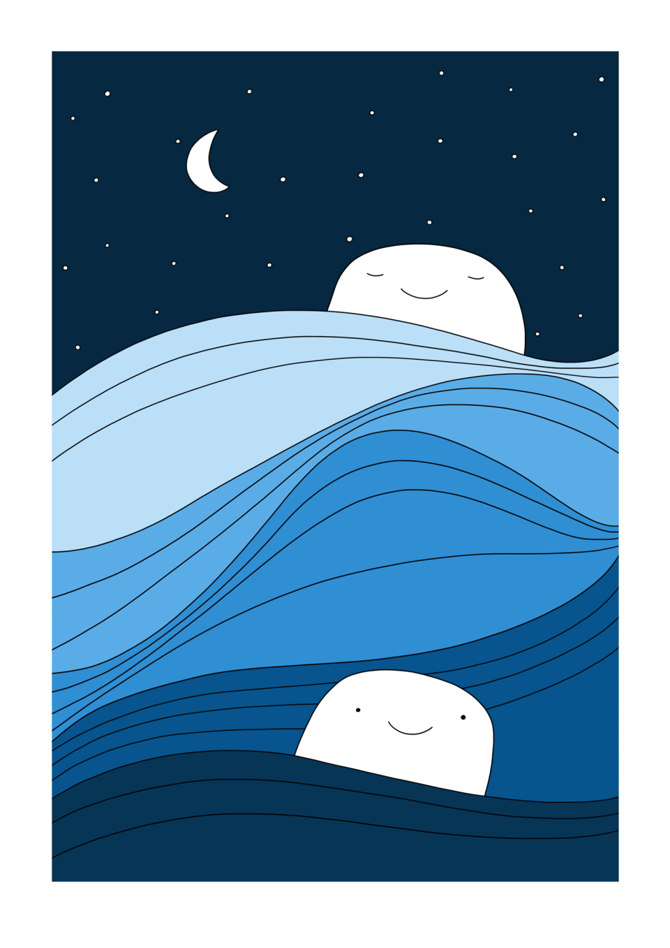 Happy Svaberg - Nattbølger. <br />Svaberget koser seg blant bølgene på natta. Bildet er i blåtoner fra lyst til mørkt.