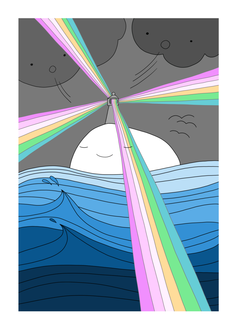 Happy Svaberg - Pride Forever <br />Pride Forever er et bilde som handler om flere ting. Å være stolt av den man er, og å elske den man vil. Pride er ikke en selvfølge, det må fortsatt kjempes for.<br /><br />Svabergene i Happy Svaberg har ikke noen definerte kjønn, de bare er seg selv fullt og helt hele tiden, og er stolte av hvem de er. De er gjenkjennelige etter hva de «har på seg». Noen har blomster, noen trær, noen ingenting og som her fyrtårn. Noen er sammen, andre alene.<br />Tenk om fyrtårnene kunne sende ut lys i alle regnbuens farger? For å glede. Tenk om det kunne blitt gjort på riktig? I såfall noen steder:)