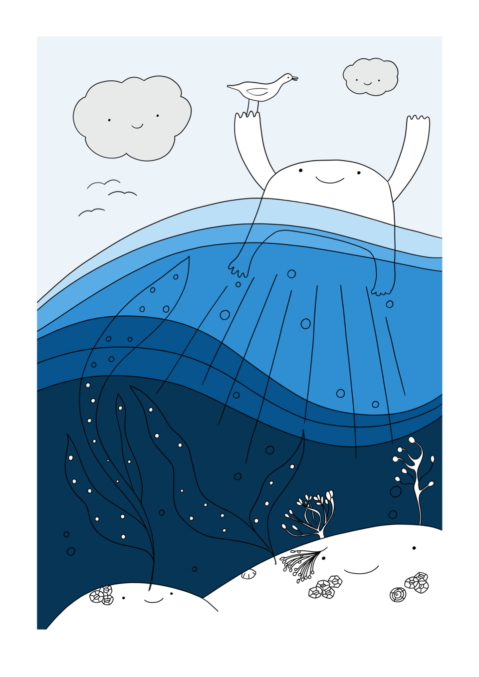 Happy Svaberg - Drøm. <br />Svaberget drømmer at det har føtter og kan svømme rundt i havet og hilse på bergene og livet under vann. Bildet er i blåtoner fra lyst til mørkt. Motivet kom til etter en reaksjon på at regjeringen skulle dumpe gruveavfall i Repparfjorden!