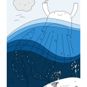 Happy Svaberg - Drøm. <br />Svaberget drømmer at det har føtter og kan svømme rundt i havet og hilse på bergene og livet under vann. Bildet er i blåtoner fra lyst til mørkt. Motivet kom til etter en reaksjon på at regjeringen skulle dumpe gruveavfall i Repparfjorden!
